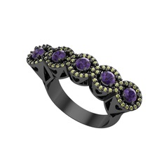 Kalpli 5 Taş Yüzük - Ametist ve peridot 925 ayar siyah rodyum kaplama gümüş yüzük #ng5cbp