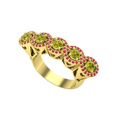 Kalpli 5 Taş Yüzük - Peridot ve rodolit garnet 18 ayar altın yüzük #p5ci8s