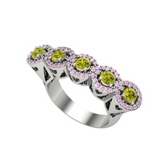 Kalpli 5 Taş Yüzük - Peridot ve pembe kuvars 14 ayar beyaz altın yüzük #pchulq