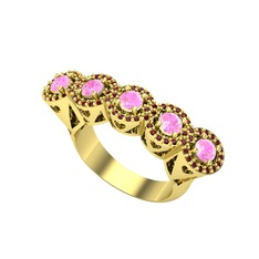 Kalpli 5 Taş Yüzük - Pembe kuvars ve garnet 18 ayar altın yüzük #pk74ip