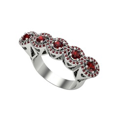 Kalpli 5 Taş Yüzük - Garnet 8 ayar beyaz altın yüzük #sitho8