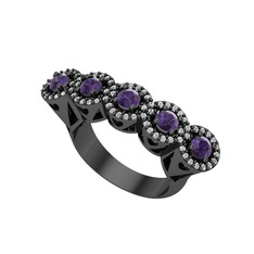 Kalpli 5 Taş Yüzük - Ametist ve swarovski 925 ayar siyah rodyum kaplama gümüş yüzük #sl1ezy