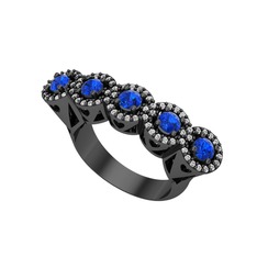 Kalpli 5 Taş Yüzük - Lab safir ve swarovski 925 ayar siyah rodyum kaplama gümüş yüzük #ut8hjn
