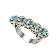 Kalpli 5 Taş Yüzük - Akuamarin ve sitrin 8 ayar beyaz altın yüzük #vd964c
