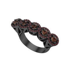 Kalpli 5 Taş Yüzük - Dumanlı kuvars ve garnet 925 ayar siyah rodyum kaplama gümüş yüzük #vthc5w