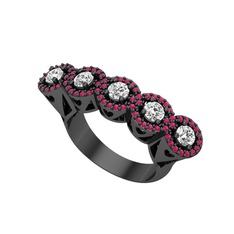 Kalpli 5 Taş Yüzük - Swarovski ve rodolit garnet 925 ayar siyah rodyum kaplama gümüş yüzük #w7dvzd