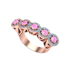 Kalpli 5 Taş Yüzük - Pembe kuvars ve akuamarin 14 ayar rose altın yüzük #wk8wyg