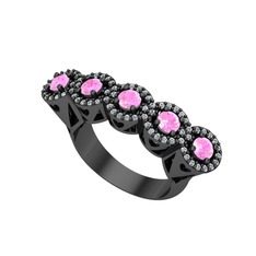 Kalpli 5 Taş Yüzük - Pembe kuvars ve pırlanta 925 ayar siyah rodyum kaplama gümüş yüzük (0.6 karat) #x74ryw