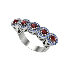 Kalpli 5 Taş Yüzük - Garnet ve lab safir 18 ayar beyaz altın yüzük #xvjz56