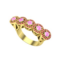 Kalpli 5 Taş Yüzük - Pembe kuvars ve rodolit garnet 14 ayar altın yüzük #ztk6ml