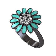 Papatya Yüzük - Swarovski 925 ayar siyah rodyum kaplama gümüş yüzük (Turkuaz mineli) #1818f0c