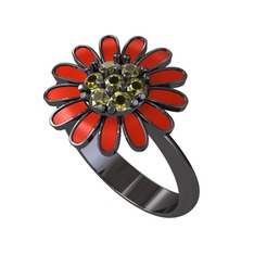 Papatya Yüzük - Peridot 925 ayar siyah rodyum kaplama gümüş yüzük (Kırmızı mineli) #1862tsa