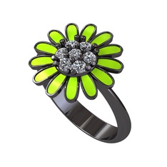 Papatya Yüzük - Pırlanta 925 ayar siyah rodyum kaplama gümüş yüzük (0.077 karat, neon yeşil mineli) #1bsfe7r