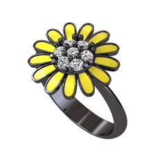 Papatya Yüzük - Beyaz zirkon 925 ayar siyah rodyum kaplama gümüş yüzük (Sarı mineli) #1e0shxg