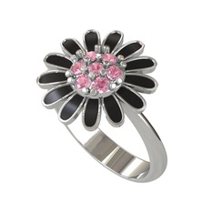 Pembe kuvars 8 ayar beyaz altın yüzük (Siyah mineli)
