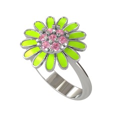 Papatya Yüzük - Pembe kuvars 18 ayar beyaz altın yüzük (Neon yeşil mineli) #fudvlr