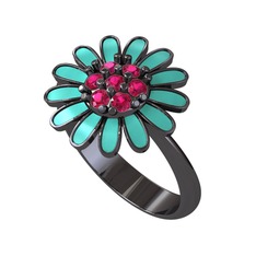 Papatya Yüzük - Rodolit garnet 925 ayar siyah rodyum kaplama gümüş yüzük (Turkuaz mineli) #homgik