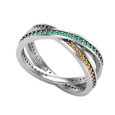 İkili Adora Tamtur Yüzük - Kök zümrüt ve sitrin 18 ayar beyaz altın yüzük #113zlx0