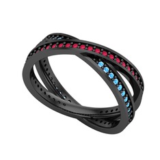 İkili Adora Tamtur Yüzük - Kök yakut ve akuamarin 925 ayar siyah rodyum kaplama gümüş yüzük #14xmxq2