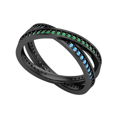 Yeşil kuvars ve akuamarin 925 ayar siyah rodyum kaplama gümüş yüzük