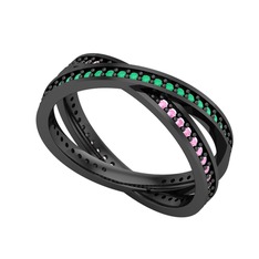 İkili Adora Tamtur Yüzük - Kök zümrüt ve pembe kuvars 925 ayar siyah rodyum kaplama gümüş yüzük #1dslnj2