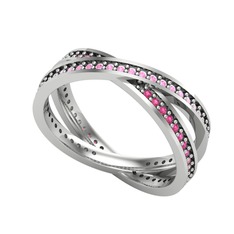 Pembe kuvars ve rodolit garnet 8 ayar beyaz altın yüzük