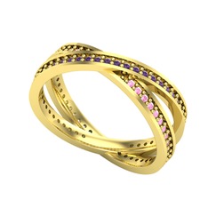 Ametist ve pembe kuvars 18 ayar altın yüzük