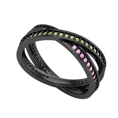 İkili Adora Tamtur Yüzük - Peridot ve pembe kuvars 925 ayar siyah rodyum kaplama gümüş yüzük #1fj8bmn