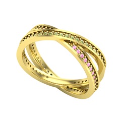 İkili Adora Tamtur Yüzük - Peridot ve pembe kuvars 14 ayar altın yüzük #1gy7w06
