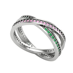 Pembe kuvars ve yeşil kuvars 18 ayar beyaz altın yüzük