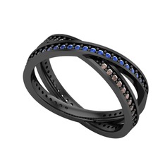 İkili Adora Tamtur Yüzük - Lab safir ve dumanlı kuvars 925 ayar siyah rodyum kaplama gümüş yüzük #1jxbxna