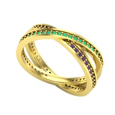 İkili Adora Tamtur Yüzük - Kök zümrüt ve ametist 8 ayar altın yüzük #1kktmbt