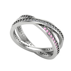 Swarovski ve pembe kuvars 14 ayar beyaz altın yüzük