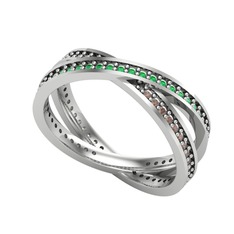 İkili Adora Tamtur Yüzük - Yeşil kuvars ve dumanlı kuvars 14 ayar beyaz altın yüzük #1oessdp