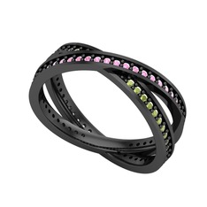 İkili Adora Tamtur Yüzük - Pembe kuvars ve peridot 925 ayar siyah rodyum kaplama gümüş yüzük #1rf96gp