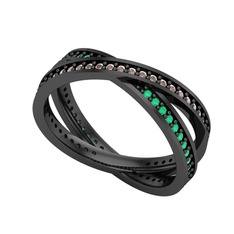 İkili Adora Tamtur Yüzük - Dumanlı kuvars ve kök zümrüt 925 ayar siyah rodyum kaplama gümüş yüzük #1tngg1h