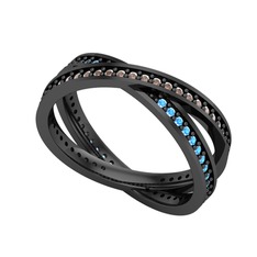 İkili Adora Tamtur Yüzük - Dumanlı kuvars ve akuamarin 925 ayar siyah rodyum kaplama gümüş yüzük #1vinldb