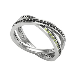 İkili Adora Tamtur Yüzük - Siyah zirkon ve peridot 14 ayar beyaz altın yüzük #1vmta23