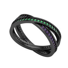 İkili Adora Tamtur Yüzük - Yeşil kuvars ve ametist 925 ayar siyah rodyum kaplama gümüş yüzük #2ya27s