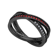 İkili Adora Tamtur Yüzük - Garnet ve beyaz zirkon 925 ayar siyah rodyum kaplama gümüş yüzük #5kjoat