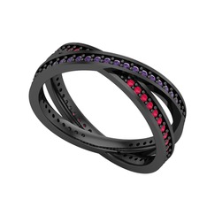 İkili Adora Tamtur Yüzük - Ametist ve kök yakut 925 ayar siyah rodyum kaplama gümüş yüzük #aor8dq