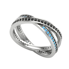 İkili Adora Tamtur Yüzük - Siyah zirkon ve akuamarin 8 ayar beyaz altın yüzük #bntq3d