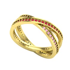 İkili Adora Tamtur Yüzük - Kök yakut ve pembe kuvars 8 ayar altın yüzük #ce0q8w