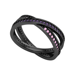 İkili Adora Tamtur Yüzük - Ametist ve pembe kuvars 925 ayar siyah rodyum kaplama gümüş yüzük #fj46l3