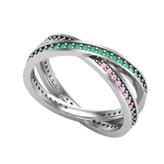 Kök zümrüt ve pembe kuvars 18 ayar beyaz altın yüzük