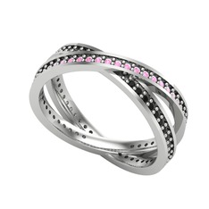 Pembe kuvars ve siyah zirkon 18 ayar beyaz altın yüzük