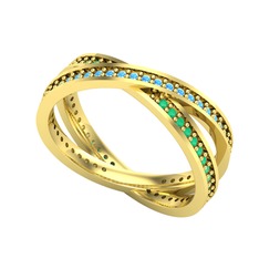 Akuamarin ve kök zümrüt 8 ayar altın yüzük