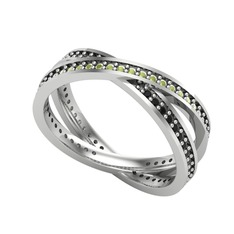 Peridot ve siyah zirkon 18 ayar beyaz altın yüzük