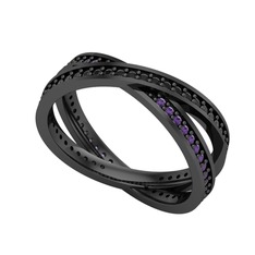 İkili Adora Tamtur Yüzük - Siyah zirkon ve ametist 925 ayar siyah rodyum kaplama gümüş yüzük #txn0u5