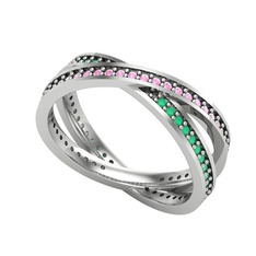 Pembe kuvars ve kök zümrüt 925 ayar gümüş yüzük